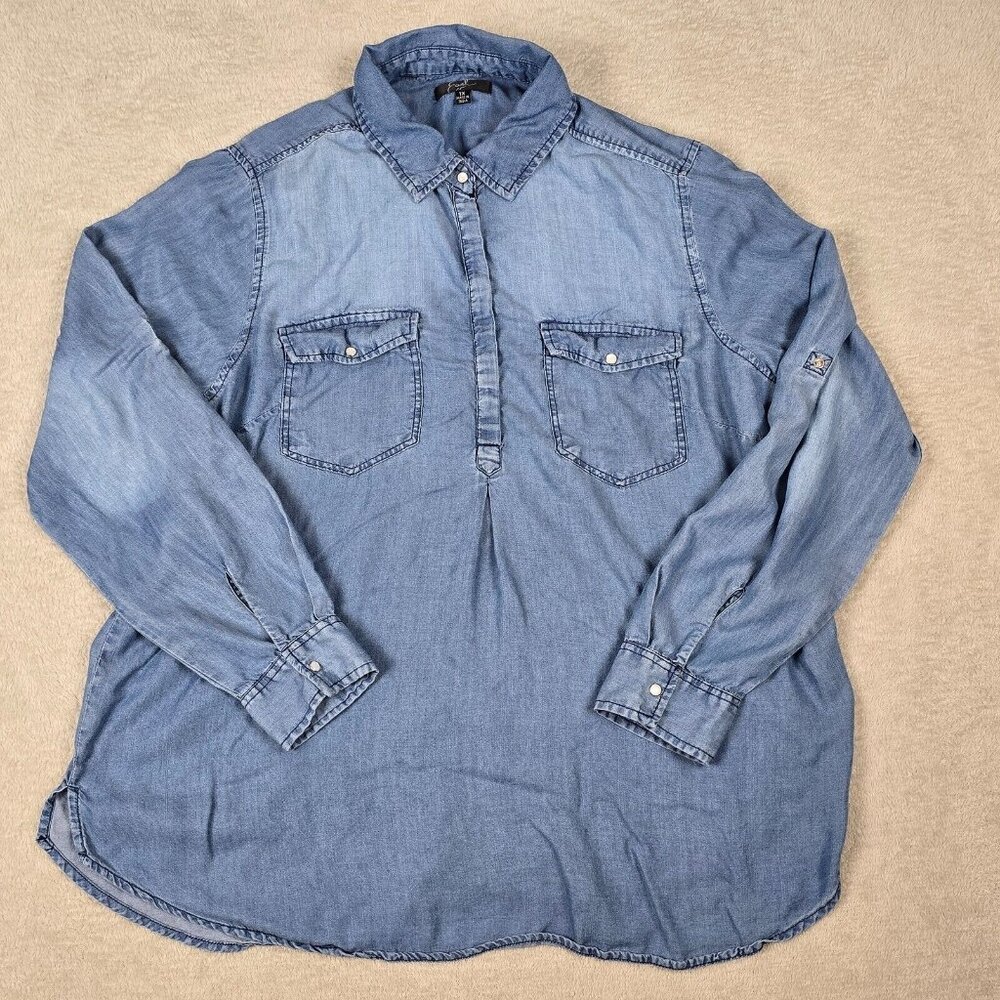 Earl Jean Denim Shirt Women Size Extra Large Quarter Button Up Western Chambray
